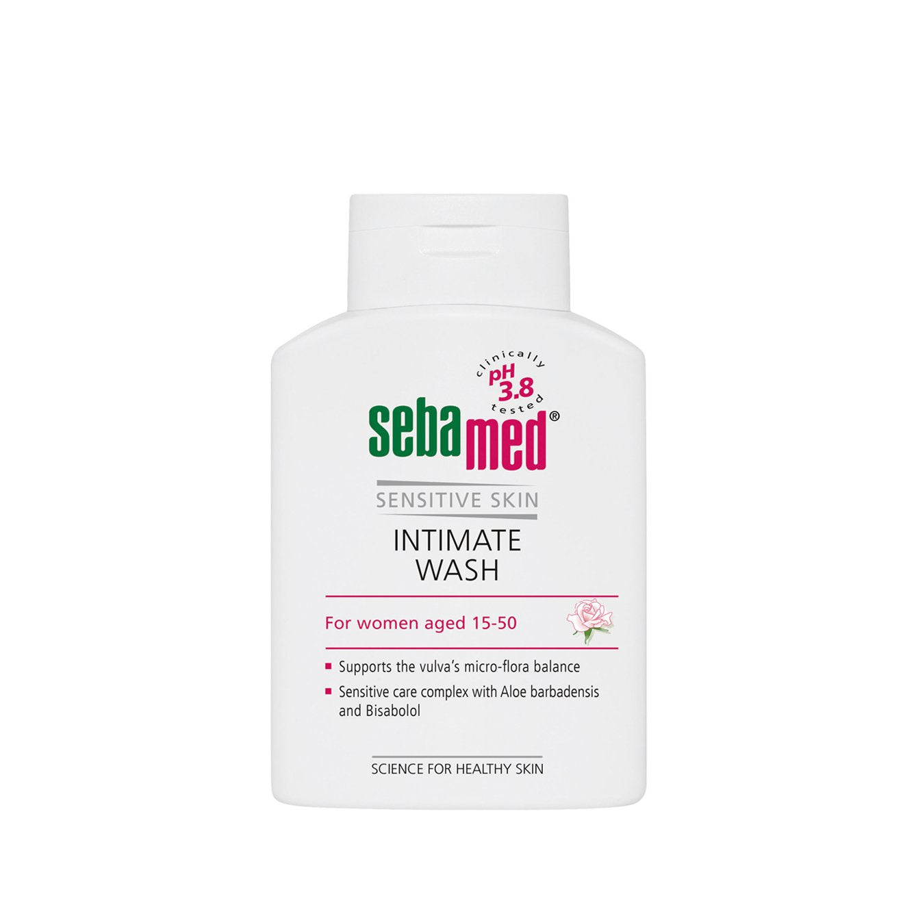 white 200ml sebamed feminine intimate Wash with a pH 3.8 flip top bottle