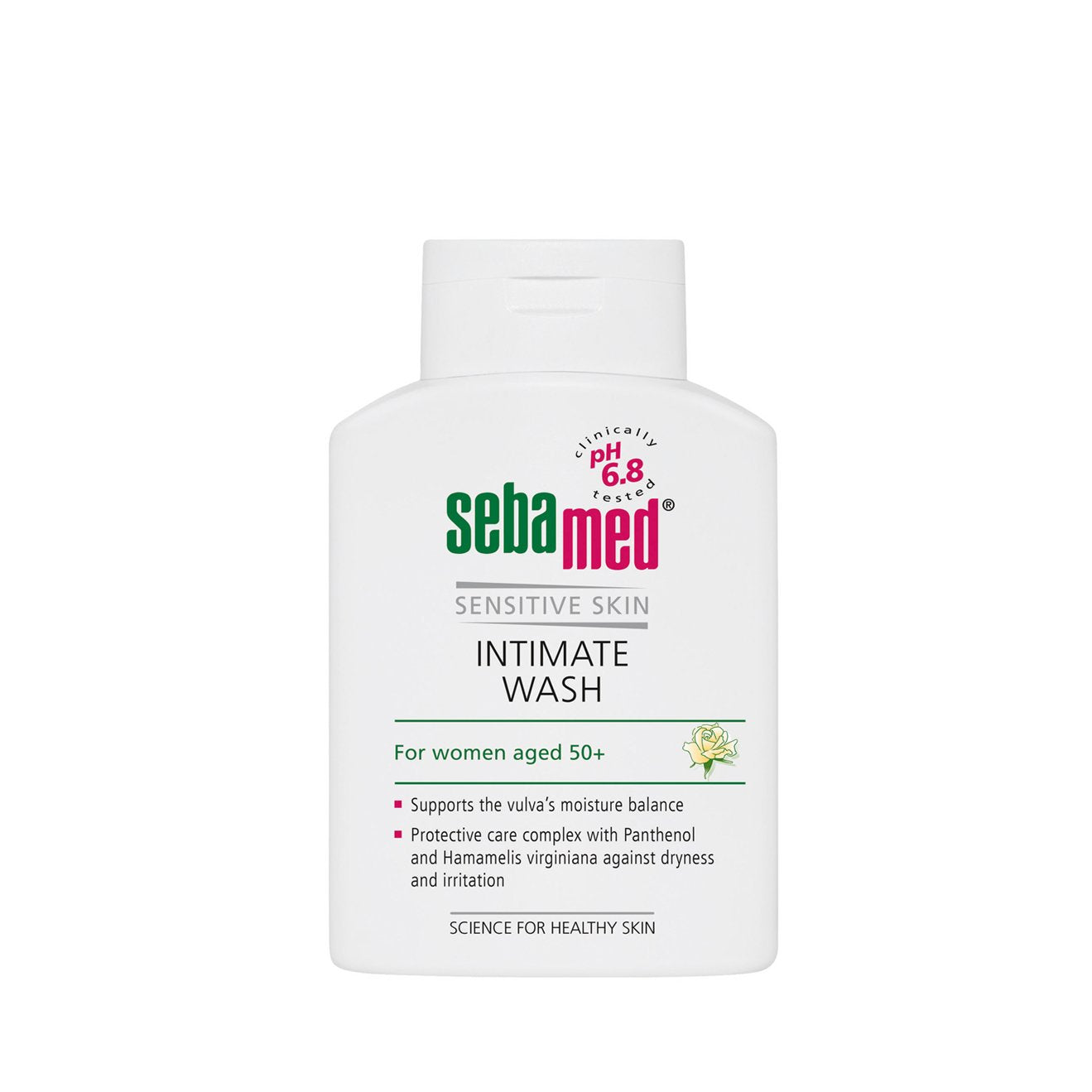 white 200ml sebamed feminine intimate Wash with a pH 6.8 flip top bottle